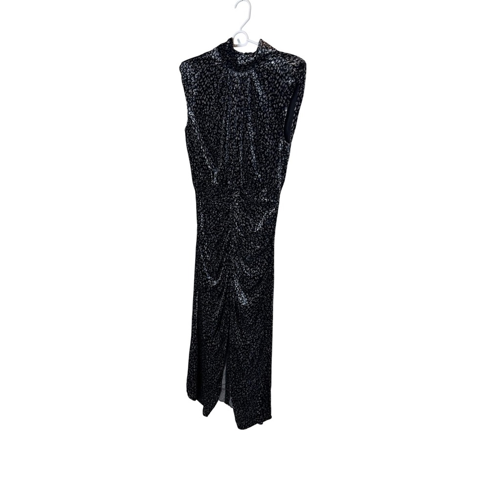 Ramy Brook Dress Womens 4 Black Velvet Animal Print High Neck Ruched Maxi Gown
